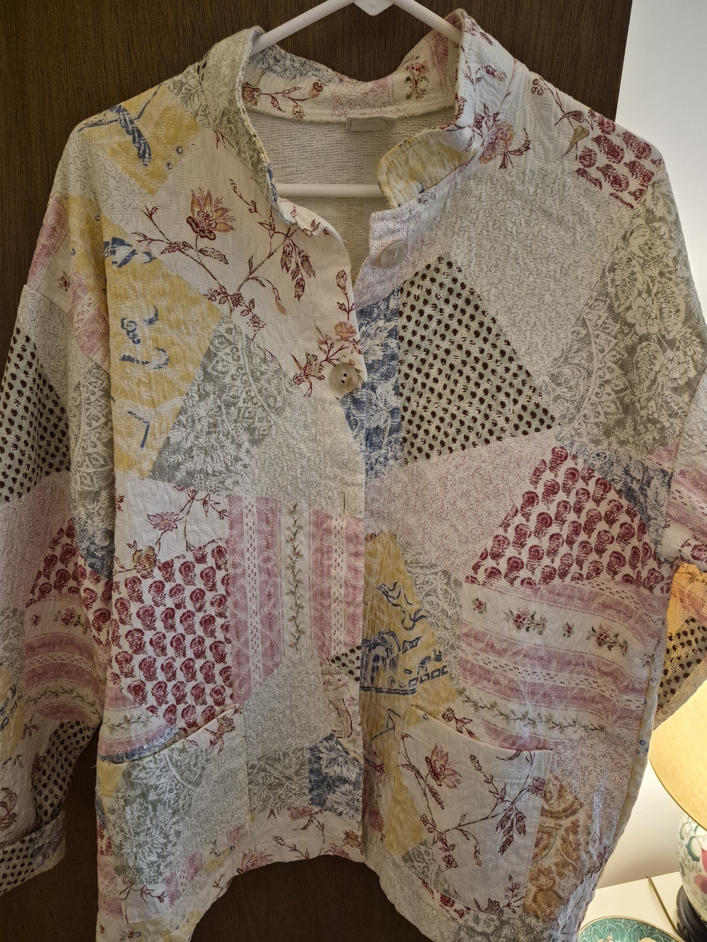 Odile Made In US Patchwork Floral Utility Jacket in Pink, Yellow, Blue and Cream